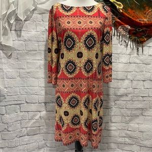 London Times Coral Printed 3/4 Sleeved Pullover Dress Size 14